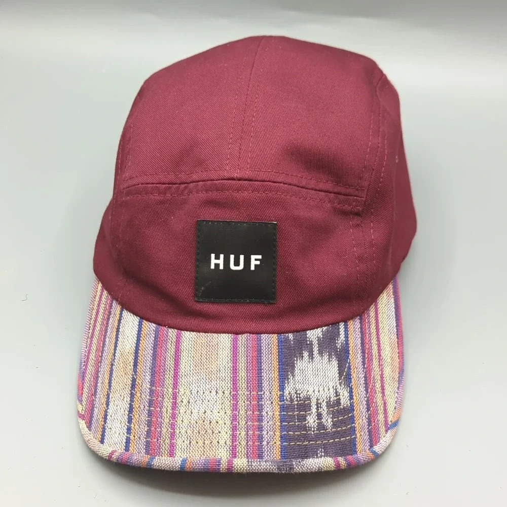 HUF 5 Panel Hat Cap Burgundy Tribal Stripe Bill Strapback Made in USA